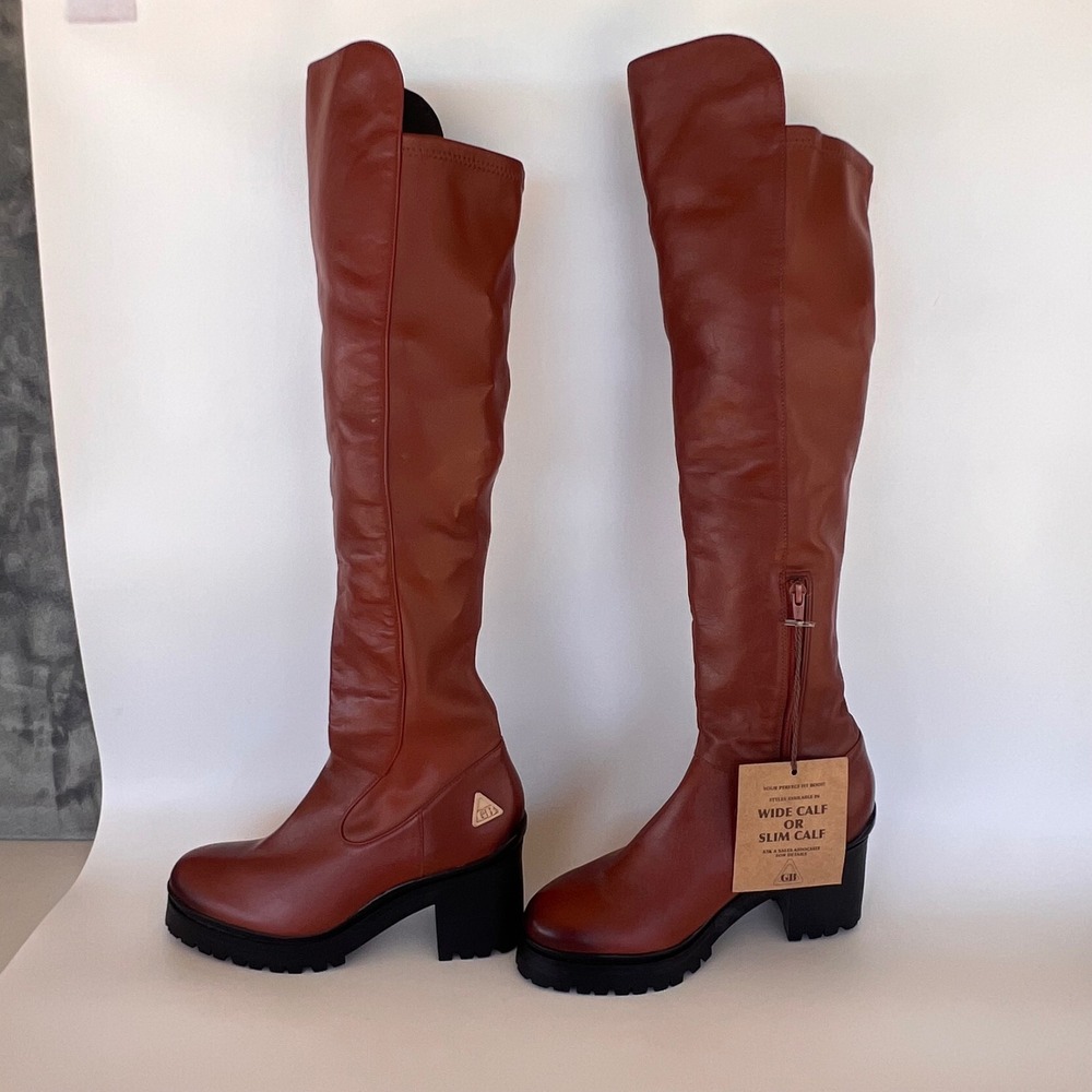 GB Gianni Bini Over The Knee Boots Womens 8 Brown Excellent Lug Sole Leather